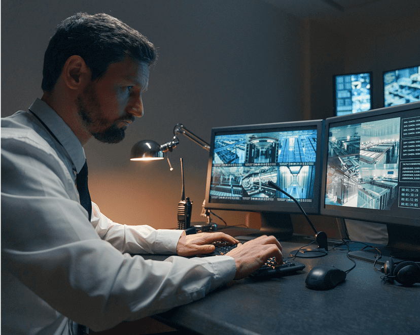 Man monitoring security cameras on multiple screens.