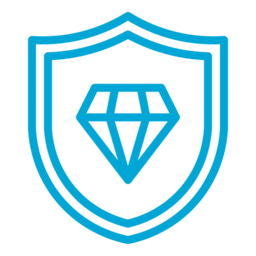 Blue diamond shield icon on black background.