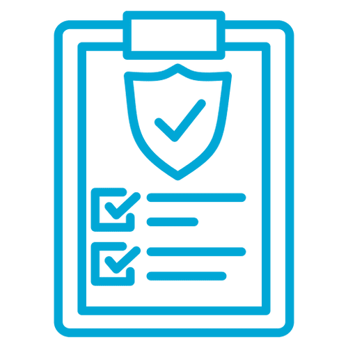 Blue checklist with a shield icon.