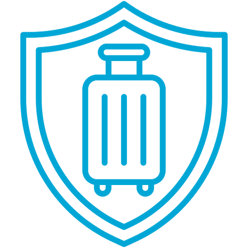 Luggage icon inside a blue shield.