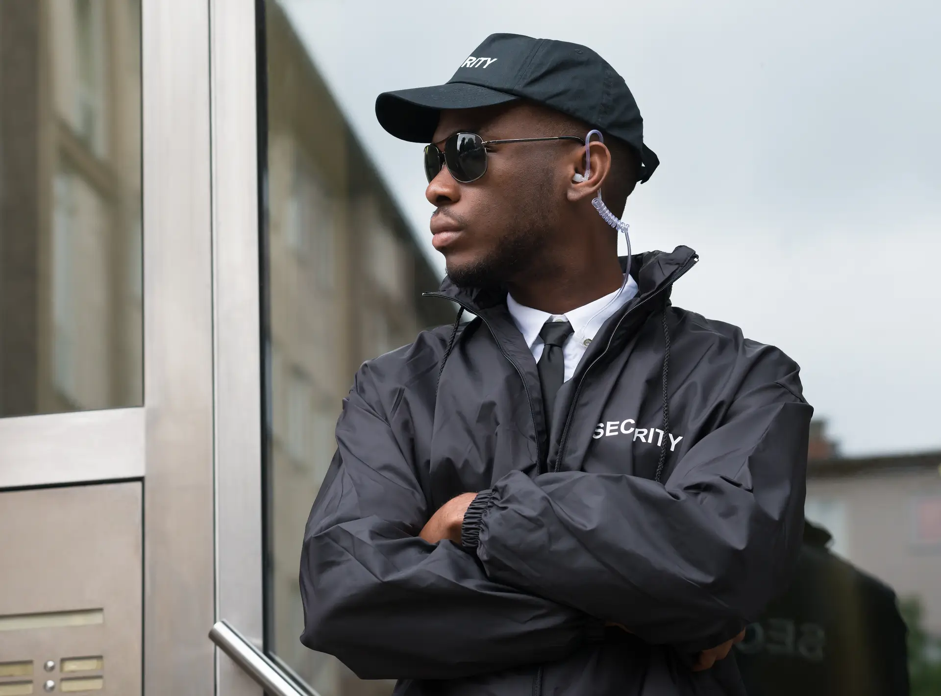 Security guard standing outside a building.